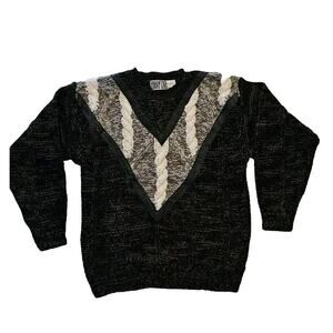 Vintage 80s Frontline Bold Geometric Acrylic Leather Kelce Grandpa sweater MED